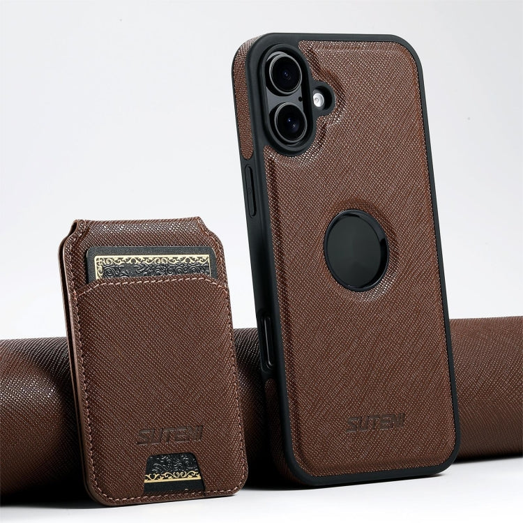 For iPhone 16 Suteni M2 Cross-Grain MagSafe Vertical Card Back Phone Case(Brown) - free shipping - PMC Jewellery - Order now!