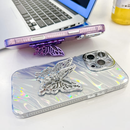 For iPhone 16 Plus Plating Glitter Texture Butterfly Holder TPU Phone Case with Lens Film(Purple Water Ripples) - iPhone 16 Plus Cases by PMC Jewellery | Online Shopping South Africa | PMC Jewellery | Buy Now Pay Later Mobicred