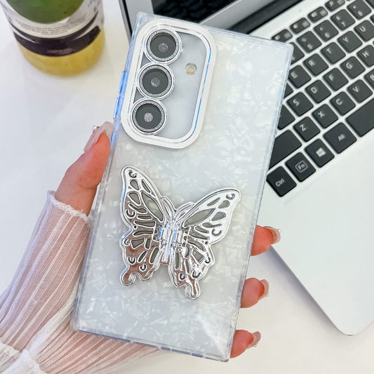 For Samsung Galaxy S25 5G Plating Glitter Texture Butterfly Holder TPU Phone Case with Lens Film(White Shell Pattern) - Galaxy S25 5G Cases by PMC Jewellery | Online Shopping South Africa | PMC Jewellery | Buy Now Pay Later Mobicred