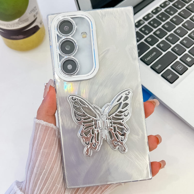 For Samsung Galaxy S25 5G Plating Glitter Texture Butterfly Holder TPU Phone Case with Lens Film(White Feather Yarn) - Galaxy S25 5G Cases by PMC Jewellery | Online Shopping South Africa | PMC Jewellery | Buy Now Pay Later Mobicred