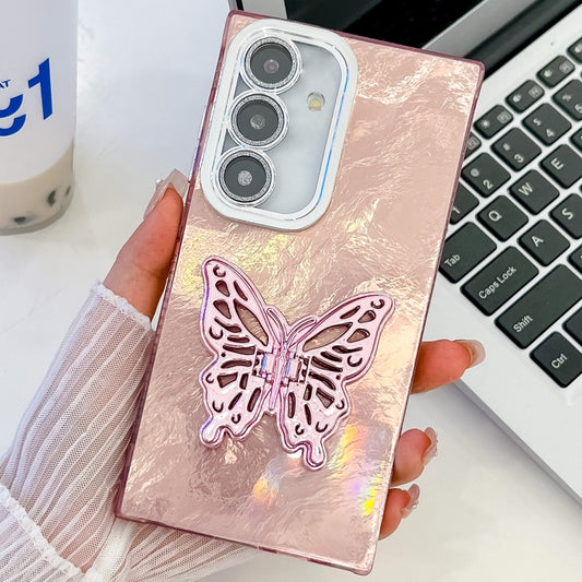 For Samsung Galaxy S25 5G Plating Glitter Texture Butterfly Holder TPU Phone Case with Lens Film(Pink Tinfoil Texture) - Galaxy S25 5G Cases by PMC Jewellery | Online Shopping South Africa | PMC Jewellery | Buy Now Pay Later Mobicred