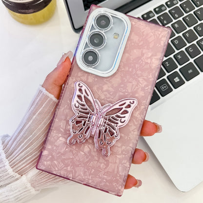 For Samsung Galaxy S25+ 5G Plating Glitter Texture Butterfly Holder TPU Phone Case with Lens Film(Pink Shell Pattern) - Galaxy S25+ 5G Cases by PMC Jewellery | Online Shopping South Africa | PMC Jewellery | Buy Now Pay Later Mobicred