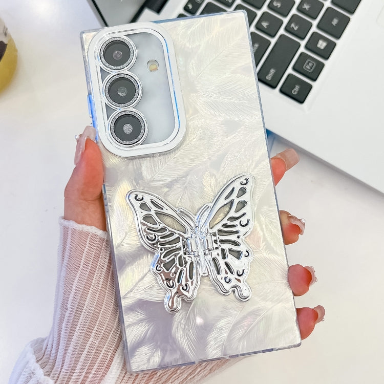 For Samsung Galaxy S25+ 5G Plating Glitter Texture Butterfly Holder TPU Phone Case with Lens Film(White Feathers) - Galaxy S25+ 5G Cases by PMC Jewellery | Online Shopping South Africa | PMC Jewellery | Buy Now Pay Later Mobicred