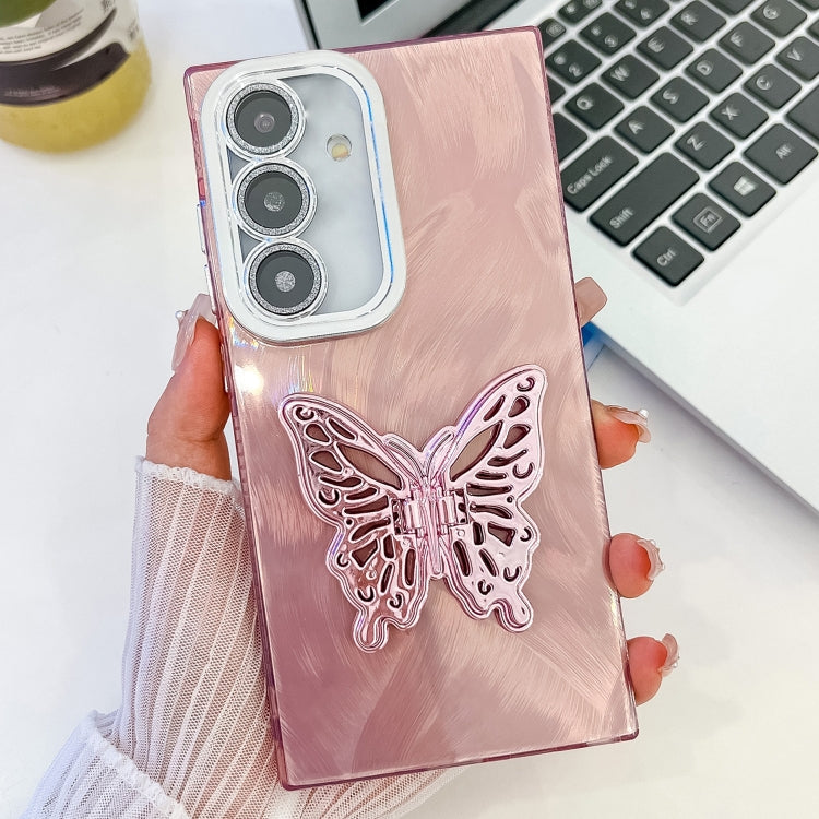 For Samsung Galaxy S25+ 5G Plating Glitter Texture Butterfly Holder TPU Phone Case with Lens Film(Pink Feather Yarn) - Galaxy S25+ 5G Cases by PMC Jewellery | Online Shopping South Africa | PMC Jewellery | Buy Now Pay Later Mobicred