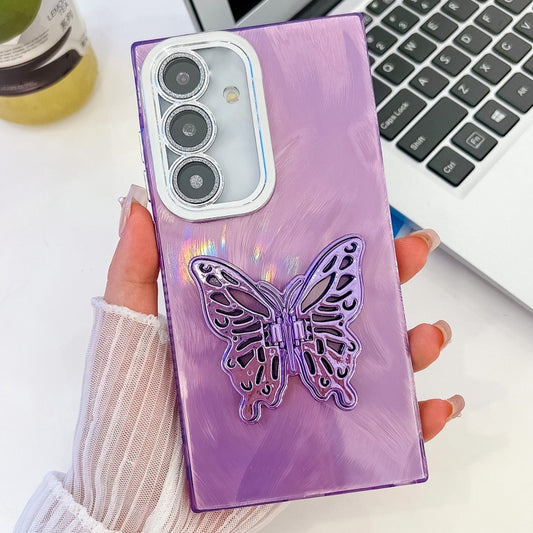 For Samsung Galaxy S25+ 5G Plating Glitter Texture Butterfly Holder TPU Phone Case with Lens Film(Purple Feather Yarn) - Galaxy S25+ 5G Cases by PMC Jewellery | Online Shopping South Africa | PMC Jewellery | Buy Now Pay Later Mobicred