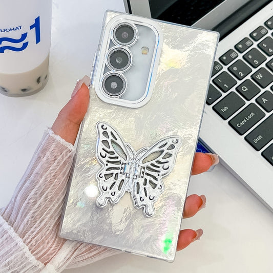 For Samsung Galaxy S25+ 5G Plating Glitter Texture Butterfly Holder TPU Phone Case with Lens Film(White Tinfoil Texture) - Galaxy S25+ 5G Cases by PMC Jewellery | Online Shopping South Africa | PMC Jewellery | Buy Now Pay Later Mobicred