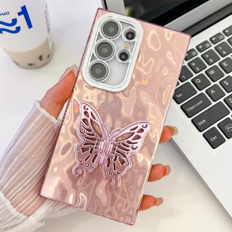 For Samsung Galaxy S25 Ultra 5G Plating Glitter Texture Butterfly Holder TPU Phone Case with Lens Film(Pink Wrinkles) - Galaxy S25 Ultra 5G Cases by PMC Jewellery | Online Shopping South Africa | PMC Jewellery | Buy Now Pay Later Mobicred