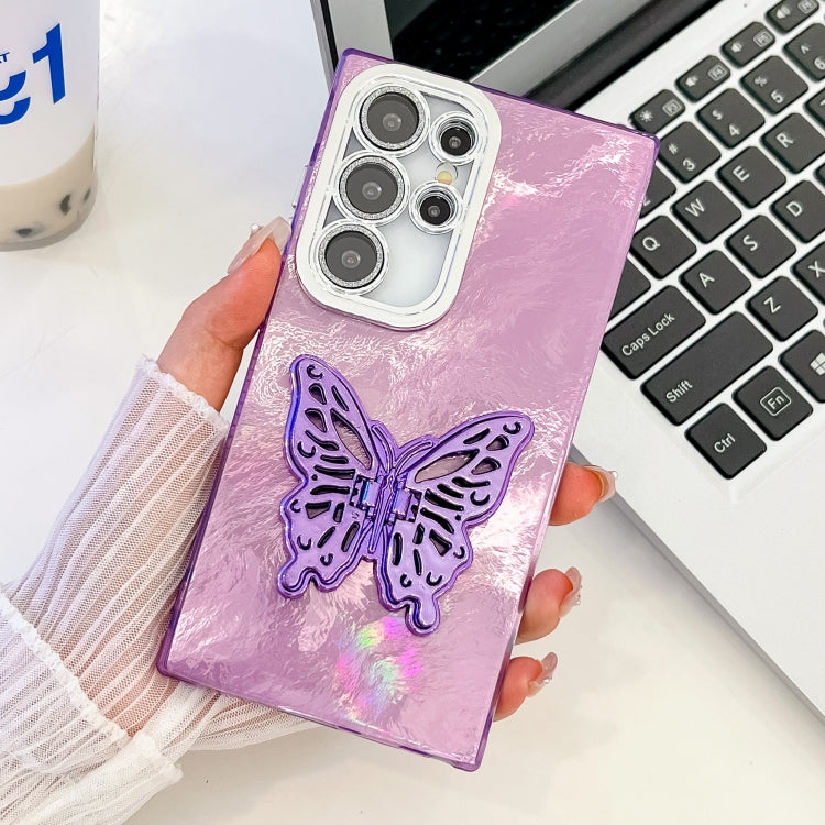 For Samsung Galaxy S25 Ultra 5G Plating Glitter Texture Butterfly Holder TPU Phone Case with Lens Film(Purple Tinfoil Texture) - Galaxy S25 Ultra 5G Cases by PMC Jewellery | Online Shopping South Africa | PMC Jewellery | Buy Now Pay Later Mobicred