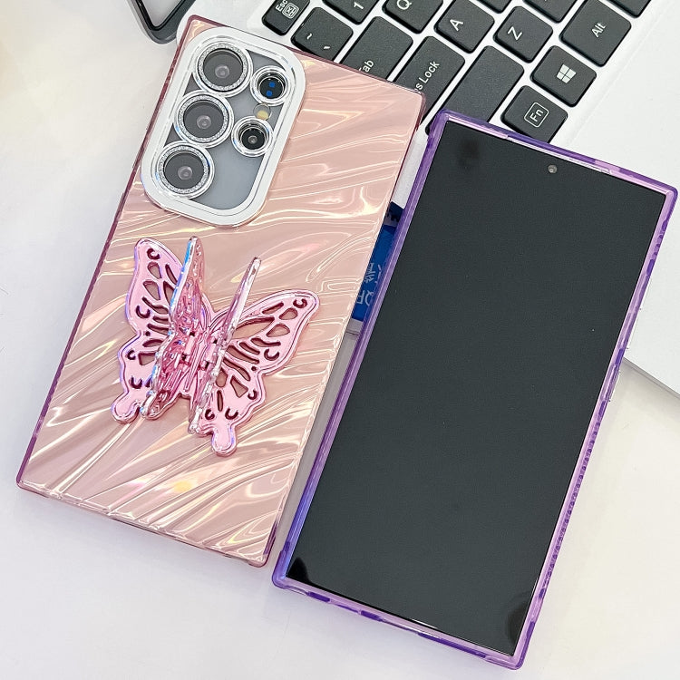 For Samsung Galaxy S25 5G Plating Glitter Texture Butterfly Holder TPU Phone Case with Lens Film(Pink Feather Yarn) - Galaxy S25 5G Cases by PMC Jewellery | Online Shopping South Africa | PMC Jewellery | Buy Now Pay Later Mobicred