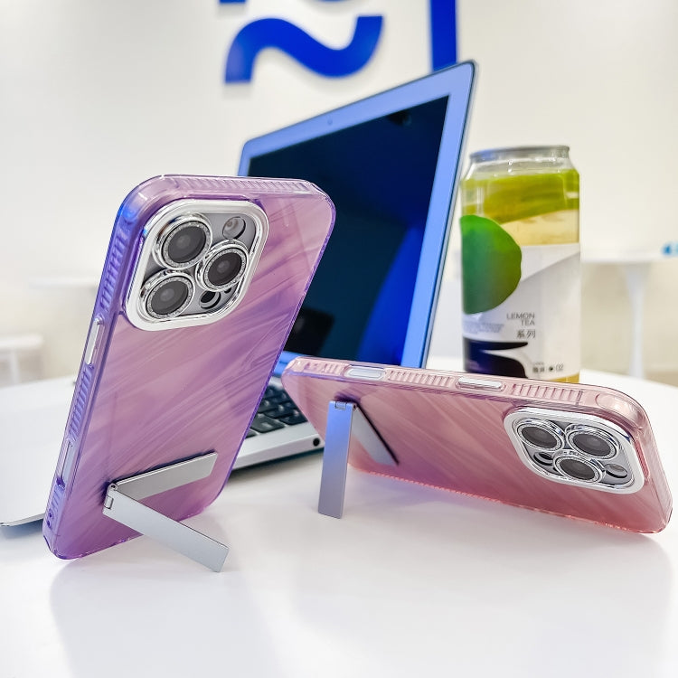 For iPhone 16e Plating Glitter Texture Fold Holder TPU Phone Case with Lens Film(Pink Shell Pattern) - iPhone 16e Cases by PMC TechLife | Online Shopping South Africa | PMC TechLife | Buy Now Pay Later Mobicred