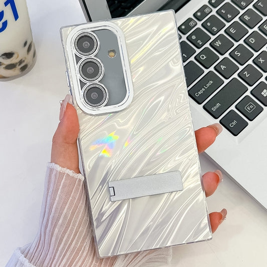 For Samsung Galaxy S25 5G Plating Glitter Texture Fold Holder TPU Phone Case with Lens Film(White Water Ripples) - Galaxy S25 5G Cases by PMC Jewellery | Online Shopping South Africa | PMC Jewellery | Buy Now Pay Later Mobicred