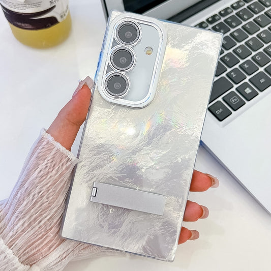 For Samsung Galaxy S25 5G Plating Glitter Texture Fold Holder TPU Phone Case with Lens Film(White Tinfoil Texture) - Galaxy S25 5G Cases by PMC Jewellery | Online Shopping South Africa | PMC Jewellery | Buy Now Pay Later Mobicred