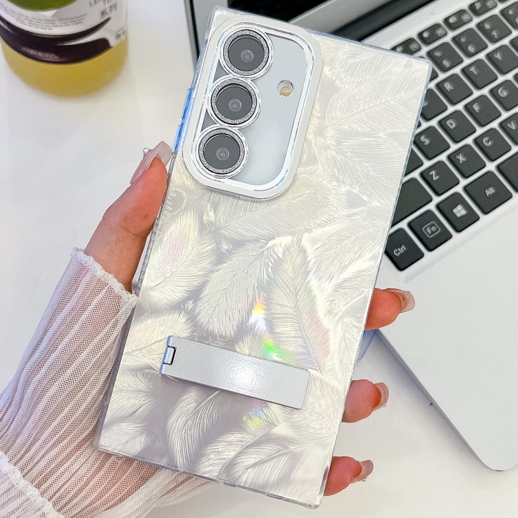 For Samsung Galaxy S25+ 5G Plating Glitter Texture Fold Holder TPU Phone Case with Lens Film(White Feathers) - Galaxy S25+ 5G Cases by PMC Jewellery | Online Shopping South Africa | PMC Jewellery | Buy Now Pay Later Mobicred