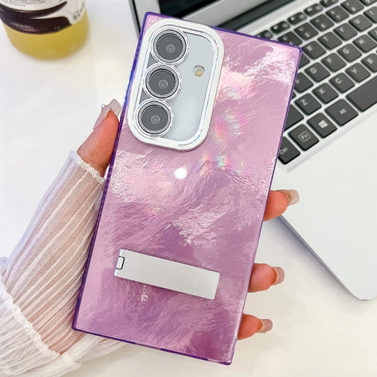 For Samsung Galaxy S25+ 5G Plating Glitter Texture Fold Holder TPU Phone Case with Lens Film(Purple Tinfoil Texture) - Galaxy S25+ 5G Cases by PMC Jewellery | Online Shopping South Africa | PMC Jewellery | Buy Now Pay Later Mobicred