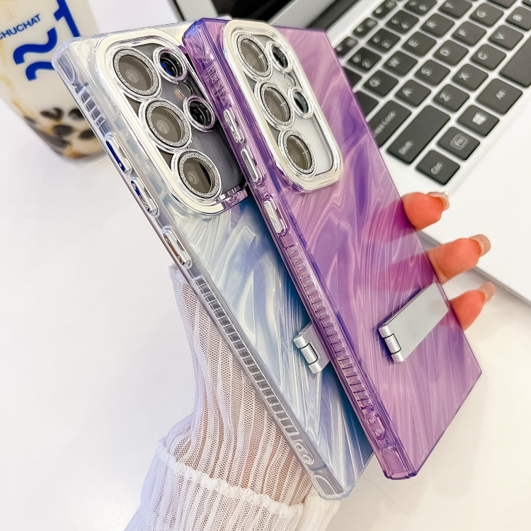 For Samsung Galaxy S25+ 5G Plating Glitter Texture Fold Holder TPU Phone Case with Lens Film(Purple Water Ripples) - Galaxy S25+ 5G Cases by PMC Jewellery | Online Shopping South Africa | PMC Jewellery | Buy Now Pay Later Mobicred