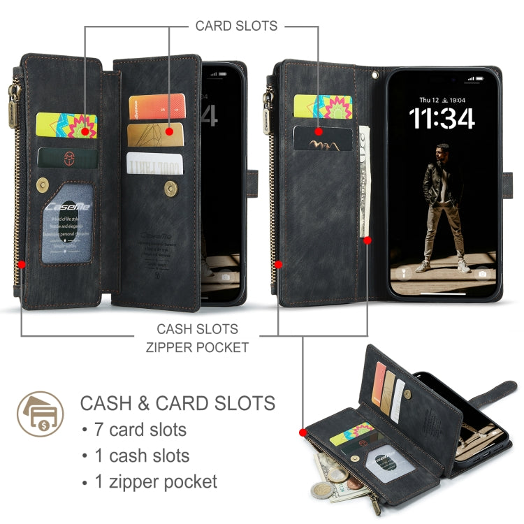 For iPhone 16 Pro CaseMe C30 Card Slots Zipper Wallet Leather Phone Case(Black) - iPhone 16 Pro Cases by CaseMe | Online Shopping South Africa | PMC Jewellery | Buy Now Pay Later Mobicred