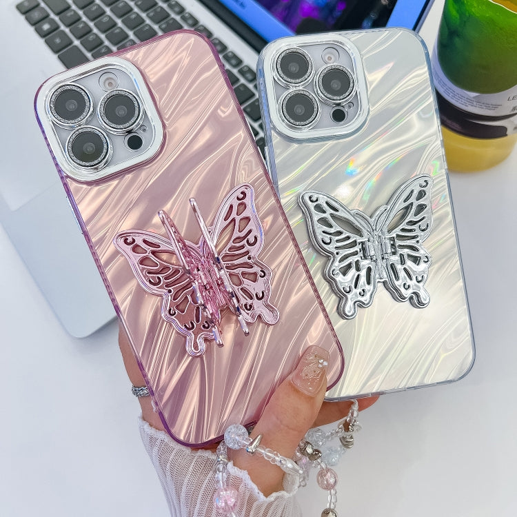 For iPhone 16 Plus Plating Glitter Lens Film Texture Butterfly Holder Wristband Phone Case(White Wrinkles) - iPhone 16 Plus Cases by PMC Jewellery | Online Shopping South Africa | PMC Jewellery | Buy Now Pay Later Mobicred