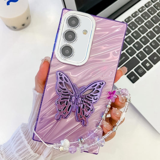 For Samsung Galaxy S25 5G Plating Glitter Lens Film Texture Butterfly Holder Wristband Phone Case(Purple Water Ripples) - Galaxy S25 5G Cases by PMC Jewellery | Online Shopping South Africa | PMC Jewellery | Buy Now Pay Later Mobicred