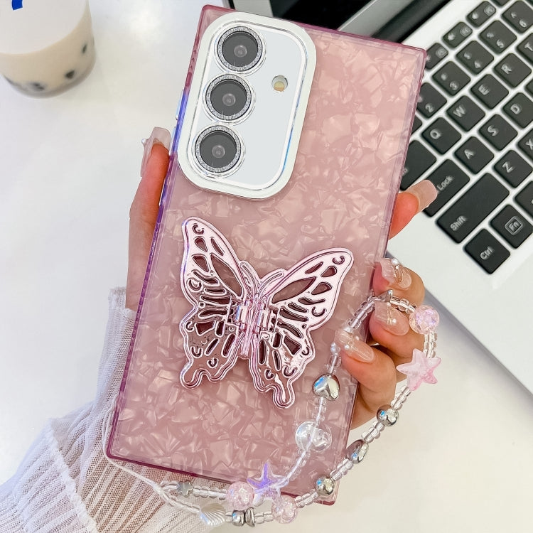 For Samsung Galaxy S25 5G Plating Glitter Lens Film Texture Butterfly Holder Wristband Phone Case(Pink Shell Pattern) - Galaxy S25 5G Cases by PMC Jewellery | Online Shopping South Africa | PMC Jewellery | Buy Now Pay Later Mobicred