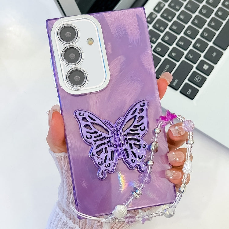 For Samsung Galaxy S25 5G Plating Glitter Lens Film Texture Butterfly Holder Wristband Phone Case(Purple Feather Yarn) - Galaxy S25 5G Cases by PMC Jewellery | Online Shopping South Africa | PMC Jewellery | Buy Now Pay Later Mobicred