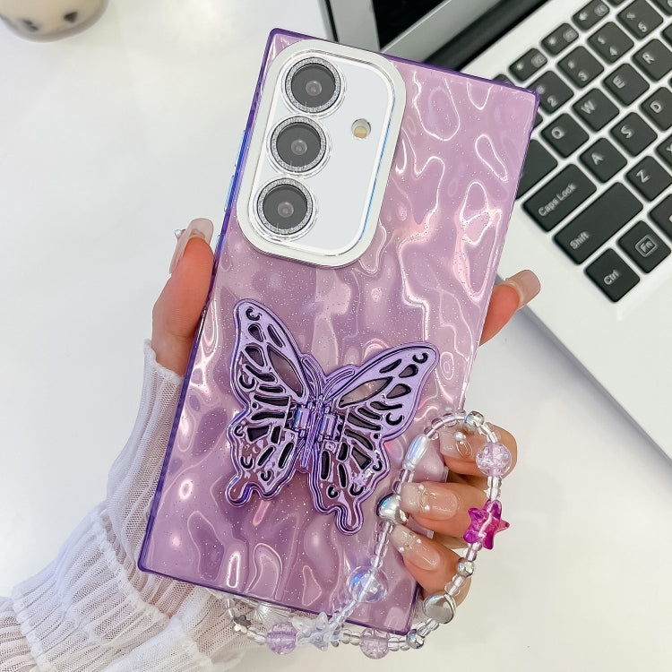 For Samsung Galaxy S25 5G Plating Glitter Lens Film Texture Butterfly Holder Wristband Phone Case(Purple Wrinkles) - Galaxy S25 5G Cases by PMC Jewellery | Online Shopping South Africa | PMC Jewellery | Buy Now Pay Later Mobicred