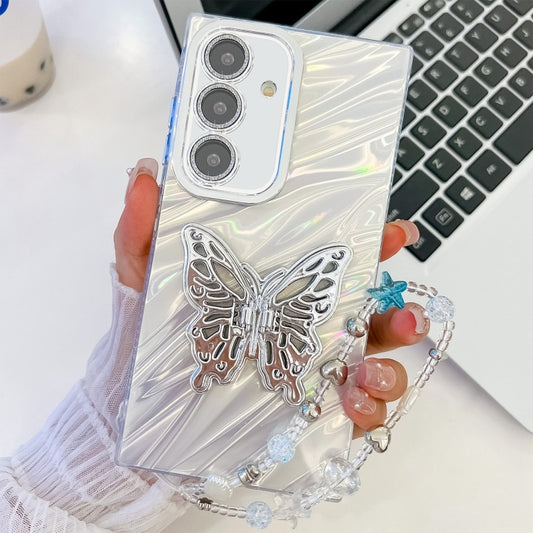 For Samsung Galaxy S25+ 5G Plating Glitter Lens Film Texture Butterfly Holder Wristband Phone Case(White Water Ripples) - Galaxy S25+ 5G Cases by PMC Jewellery | Online Shopping South Africa | PMC Jewellery | Buy Now Pay Later Mobicred