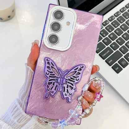 For Samsung Galaxy S25+ 5G Plating Glitter Lens Film Texture Butterfly Holder Wristband Phone Case(Purple Tinfoil Texture) - Galaxy S25+ 5G Cases by PMC Jewellery | Online Shopping South Africa | PMC Jewellery | Buy Now Pay Later Mobicred