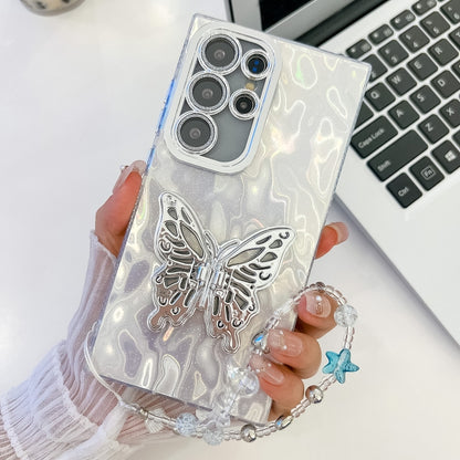 For Samsung Galaxy S25 Ultra 5G Plating Glitter Lens Film Texture Butterfly Holder Wristband Phone Case(White Wrinkles) - Galaxy S25 Ultra 5G Cases by PMC Jewellery | Online Shopping South Africa | PMC Jewellery | Buy Now Pay Later Mobicred