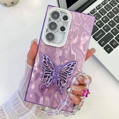 For Samsung Galaxy S25 Ultra 5G Plating Glitter Lens Film Texture Butterfly Holder Wristband Phone Case(Purple Wrinkles) - Galaxy S25 Ultra 5G Cases by PMC Jewellery | Online Shopping South Africa | PMC Jewellery | Buy Now Pay Later Mobicred