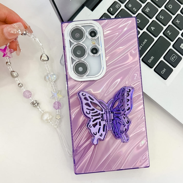 For Samsung Galaxy S25 5G Plating Glitter Lens Film Texture Butterfly Holder Wristband Phone Case(Purple Tinfoil Texture) - Galaxy S25 5G Cases by PMC Jewellery | Online Shopping South Africa | PMC Jewellery | Buy Now Pay Later Mobicred