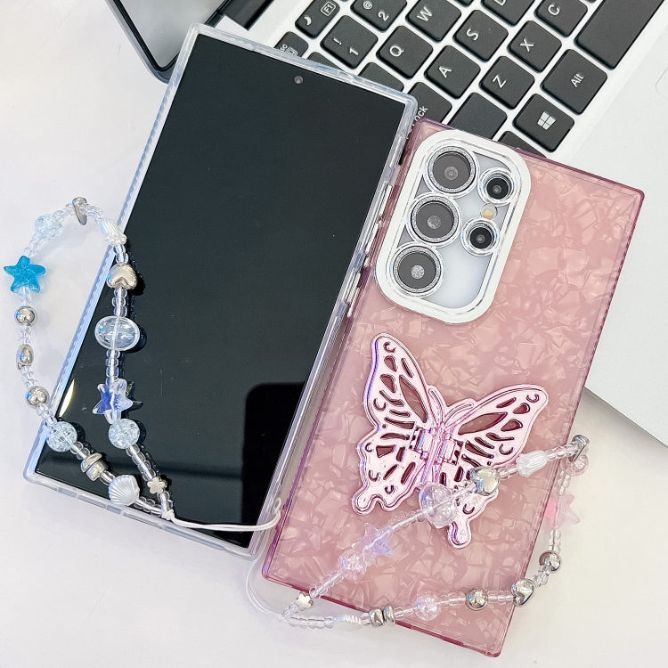 For Samsung Galaxy S25+ 5G Plating Glitter Lens Film Texture Butterfly Holder Wristband Phone Case(Purple Tinfoil Texture) - Galaxy S25+ 5G Cases by PMC Jewellery | Online Shopping South Africa | PMC Jewellery | Buy Now Pay Later Mobicred