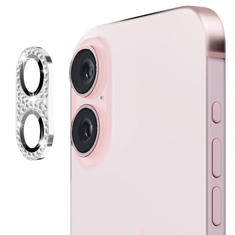 For iPhone 16 / 16 Plus ENKAY Hat-Prince Blink Diamond Camera Lens Aluminium Alloy Tempered Glass Film(Silver) - iPhone 16 Tempered Glass by ENKAY | Online Shopping South Africa | PMC Jewellery | Buy Now Pay Later Mobicred