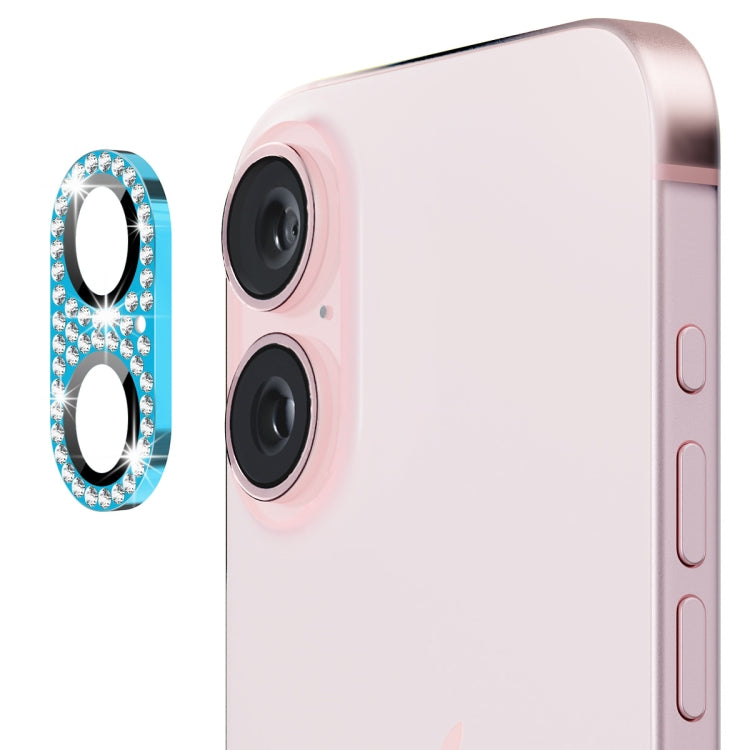 For iPhone 16 / 16 Plus ENKAY Hat-Prince Blink Diamond Camera Lens Aluminium Alloy Tempered Glass Film(Sky Blue) - iPhone 16 Tempered Glass by ENKAY | Online Shopping South Africa | PMC Jewellery | Buy Now Pay Later Mobicred