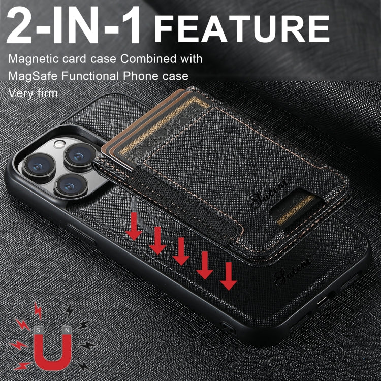 For iPhone 16 Pro Suteni H17 Cross Grain Leather MagSafe Detachable Wallet Phone Case(Black) - iPhone 16 Pro Cases by Suteni | Online Shopping South Africa | PMC Jewellery | Buy Now Pay Later Mobicred