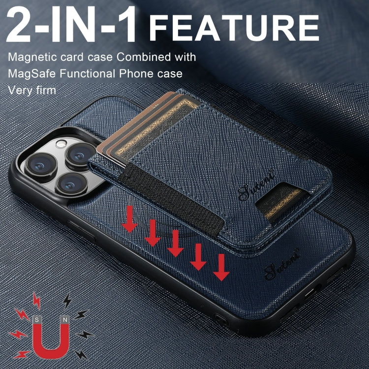 For iPhone 14 Suteni H17 Cross Grain Leather MagSafe Detachable Wallet Phone Case(Blue) - iPhone 14 Cases by Suteni | Online Shopping South Africa | PMC Jewellery | Buy Now Pay Later Mobicred