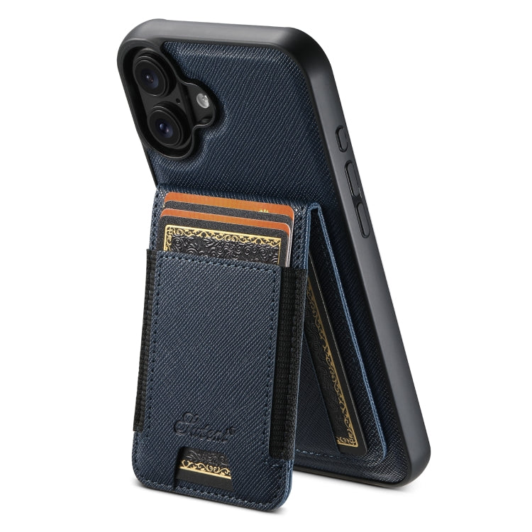 For iPhone 16 Plus Suteni H17 Cross Grain Leather MagSafe Detachable Wallet Phone Case(Blue) - iPhone 16 Plus Cases by Suteni | Online Shopping South Africa | PMC Jewellery | Buy Now Pay Later Mobicred