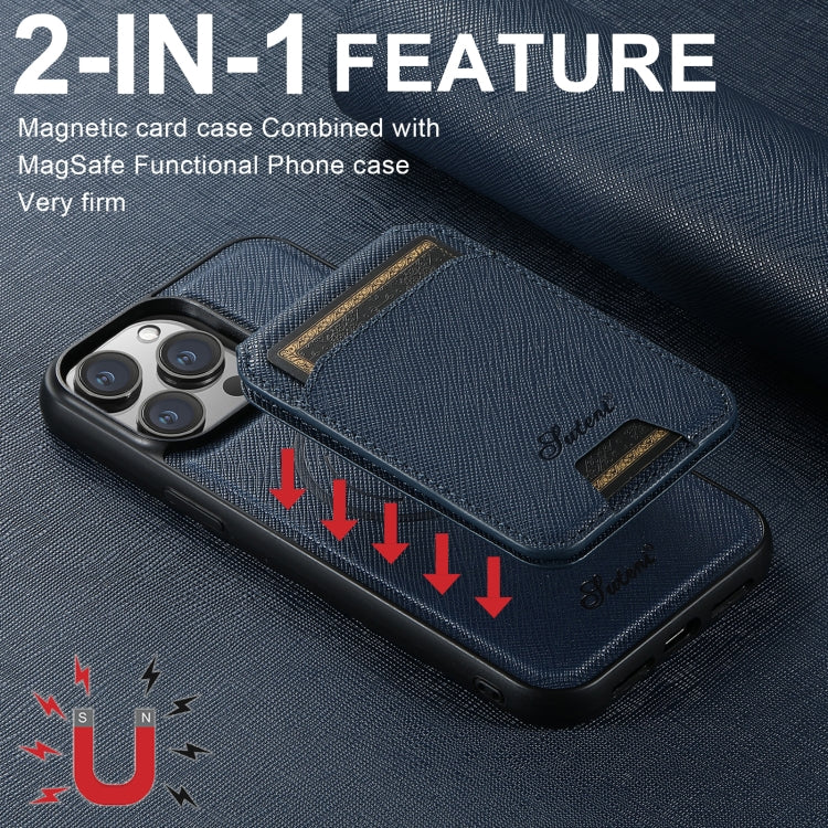 For iPhone 15 Pro Max Suteni H18 Cross Grain MagSafe Wallet Leather Phone Case(Blue) - iPhone 15 Pro Max Cases by Suteni | Online Shopping South Africa | PMC Jewellery | Buy Now Pay Later Mobicred