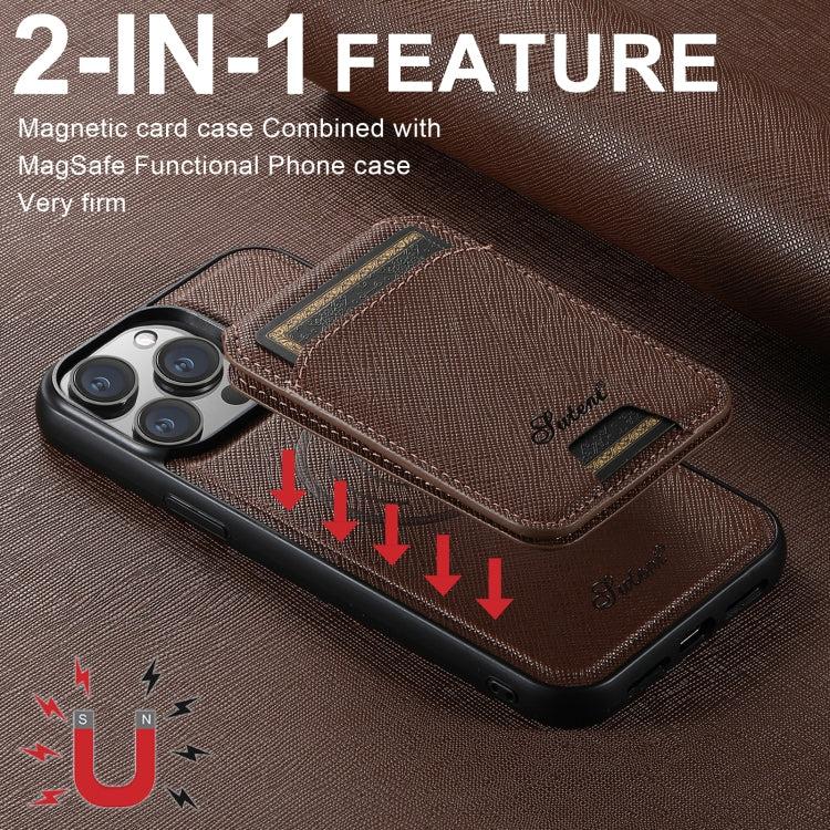 For iPhone 14 Plus Suteni H18 Cross Grain MagSafe Wallet Leather Phone Case(Brown) - iPhone 14 Plus Cases by Suteni | Online Shopping South Africa | PMC Jewellery | Buy Now Pay Later Mobicred