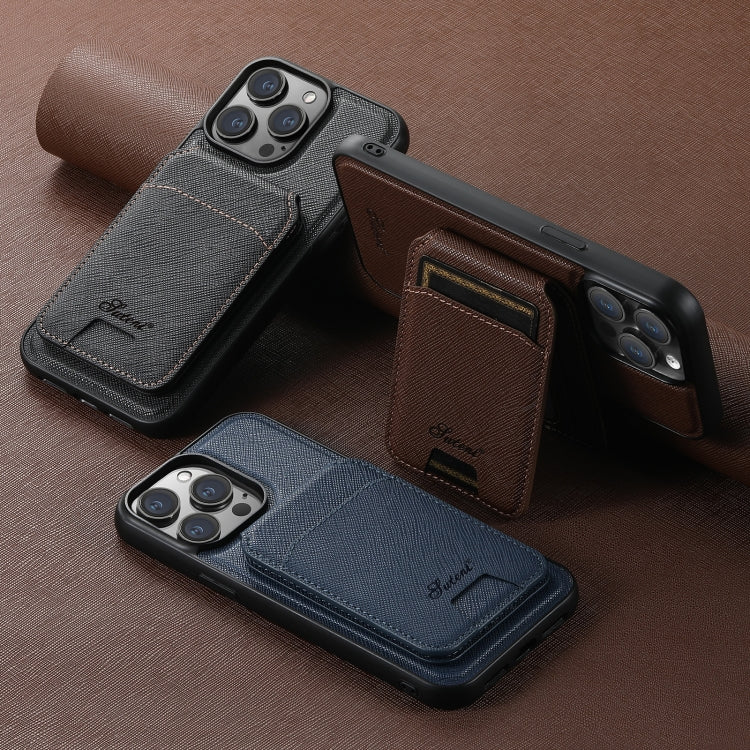 For iPhone 13 Pro Suteni H18 Cross Grain MagSafe Wallet Leather Phone Case(Brown) - iPhone 13 Pro Cases by Suteni | Online Shopping South Africa | PMC Jewellery | Buy Now Pay Later Mobicred