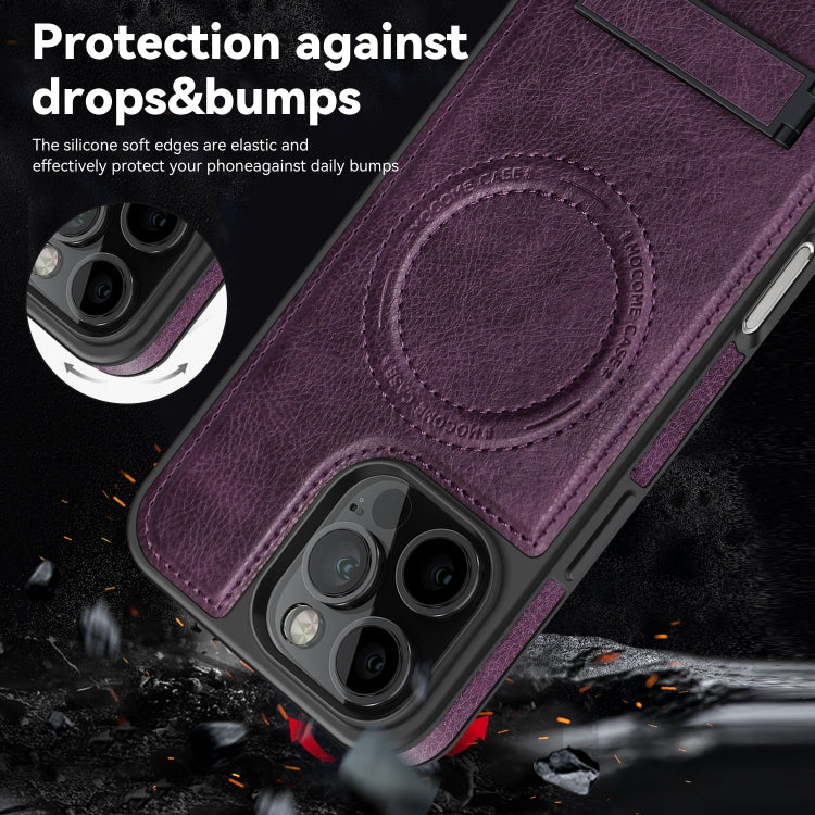 For iPhone 16 Pro Max Multi-function Holder MagSafe PU Phone Case(Purple) - More iPhone Cases by PMC Jewellery | Online Shopping South Africa | PMC Jewellery | Buy Now Pay Later Mobicred