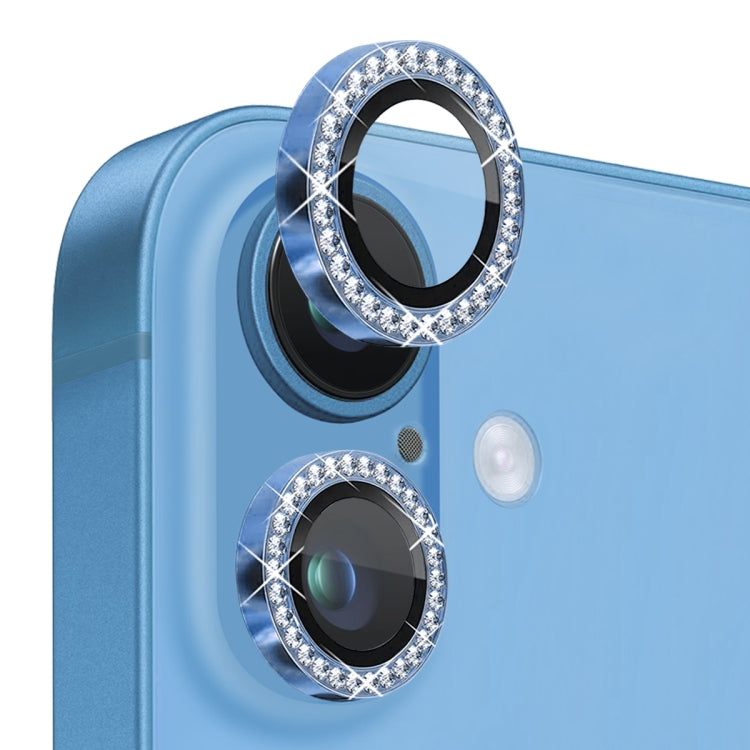 For iPhone 16 / 16 Plus NORTHJO Rhinestone Camera Lens Protector Tempered Glass Metal Ring Film(Blue) - iPhone 16 Tempered Glass by NORTHJO | Online Shopping South Africa | PMC Jewellery | Buy Now Pay Later Mobicred