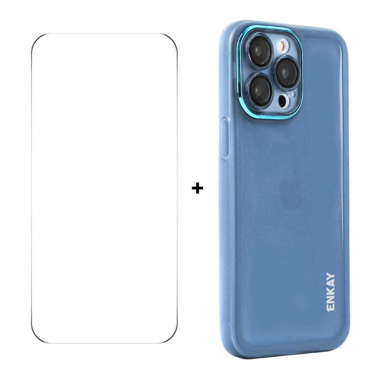 For iPhone 16 Pro ENKAY Hat-Prince Translucent Matte TPU Phone Case with Lens Film + 9H Big Arc Edge Film(Blue) - iPhone 16 Pro Cases by ENKAY | Online Shopping South Africa | PMC Jewellery | Buy Now Pay Later Mobicred