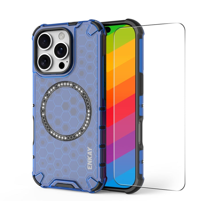 For iPhone 16 Pro ENKAY Hat-Prince Honeycomb MagSafe Shockproof Phone Case with Large Arc Edge Film(Blue) - iPhone 16 Pro Cases by ENKAY | Online Shopping South Africa | PMC Jewellery | Buy Now Pay Later Mobicred