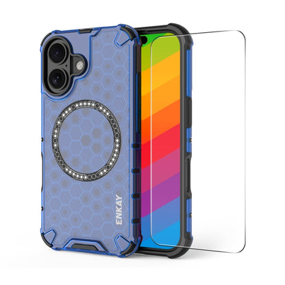 For iPhone 16 Plus ENKAY Hat-Prince Honeycomb MagSafe Shockproof Phone Case with Large Arc Edge Film(Blue) - iPhone 16 Plus Cases by ENKAY | Online Shopping South Africa | PMC Jewellery | Buy Now Pay Later Mobicred