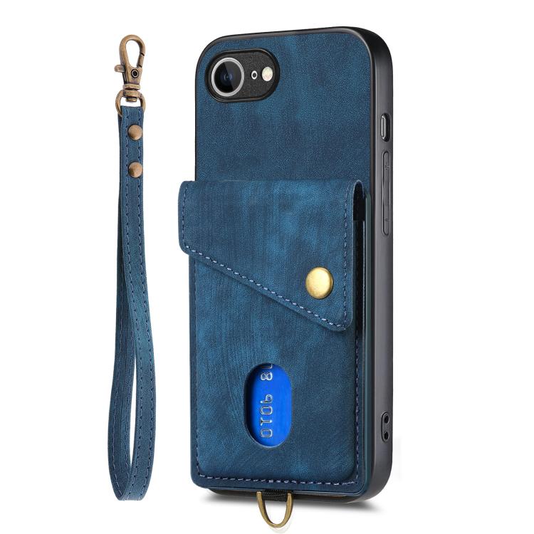 For iPhone 16e Retro Card Wallet Fold Leather Phone Case with Strap(Blue) - free shipping - PMC TechLife - Order now!