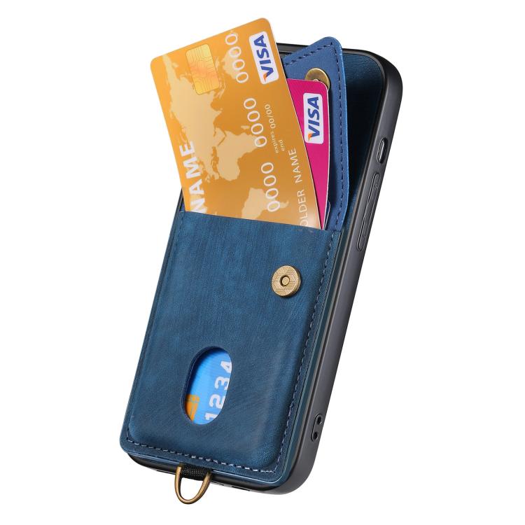 For iPhone 16e Retro Card Wallet Fold Leather Phone Case with Strap(Blue) - free shipping - PMC TechLife - Order now!