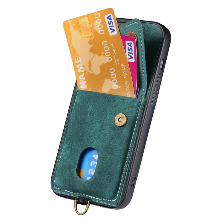 For iPhone 16e Retro Card Wallet Fold Leather Phone Case with Strap(Green) - free shipping - PMC TechLife - Order now!