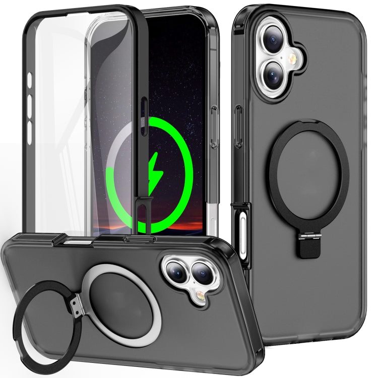 For iPhone 16 Frosted Skin Feel MagSafe Holder 360 Full Body Phone Case(Black) - iPhone 16 Cases by PMC Jewellery | Online Shopping South Africa | PMC Jewellery | Buy Now Pay Later Mobicred