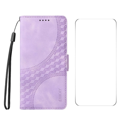 For iPhone 16 Plus ENKAY Embossed Rhombus Starry Leather Phone Case with Screen Film(Purple) - iPhone 16 Plus Cases by ENKAY | Online Shopping South Africa | PMC Jewellery | Buy Now Pay Later Mobicred