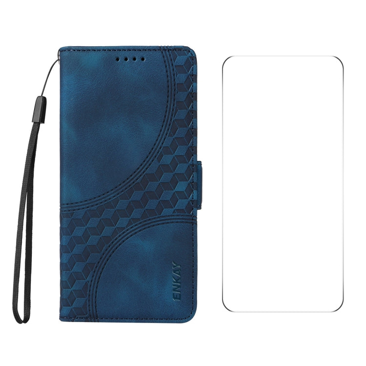 For iPhone 16 Pro ENKAY Embossed Rhombus Starry Leather Phone Case with Screen Film(Blue) - iPhone 16 Pro Cases by ENKAY | Online Shopping South Africa | PMC Jewellery | Buy Now Pay Later Mobicred